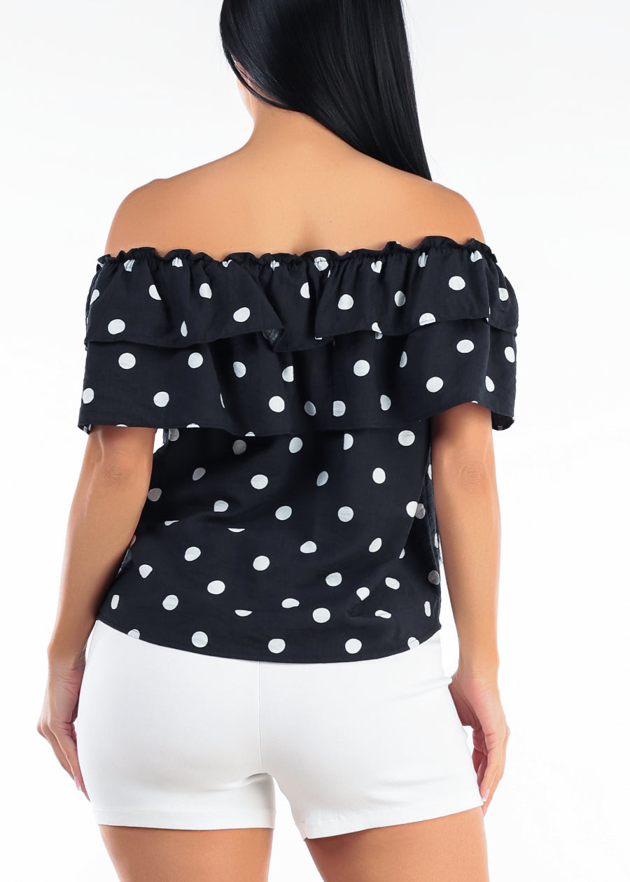Off Shoulder Polka Dot Blouse Black