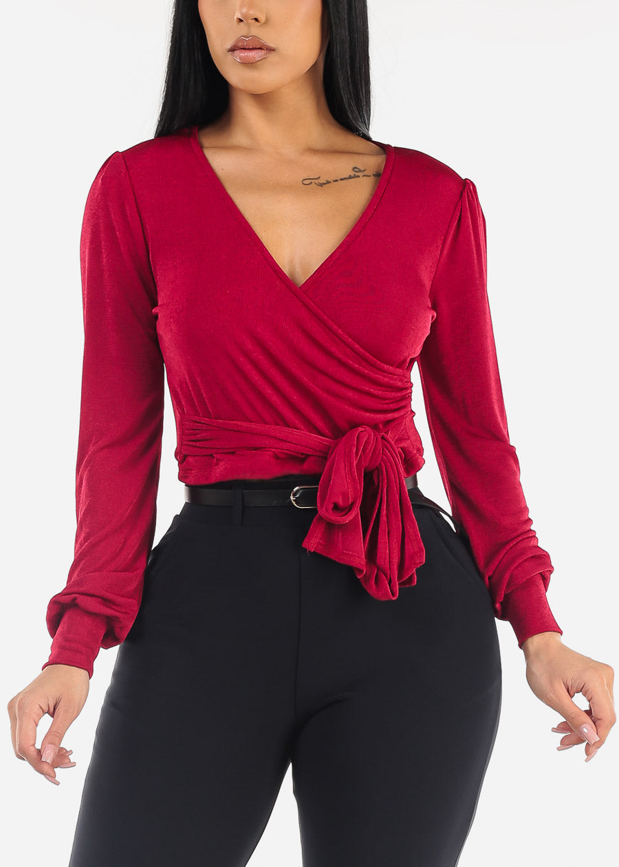 Long Sleeve Surplice Tie Front Blouse Dark Red