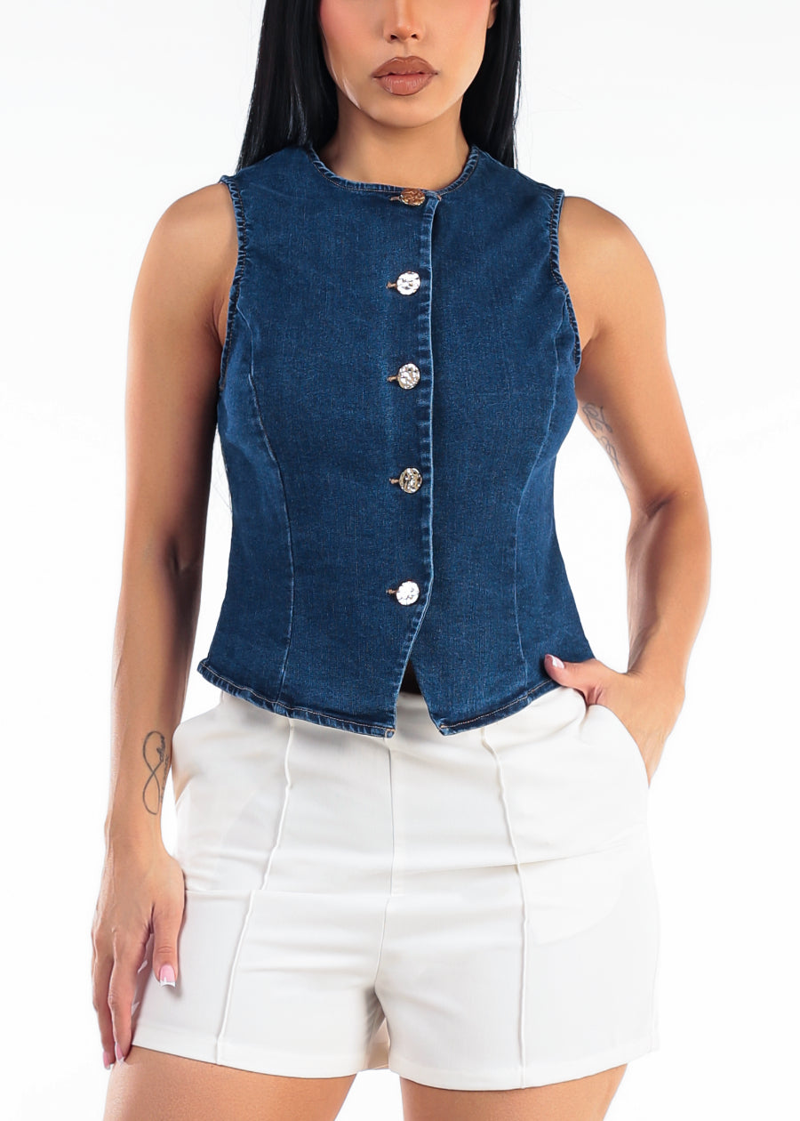 Sleeveless Button Up Stretch Denim Vest Dark Wash