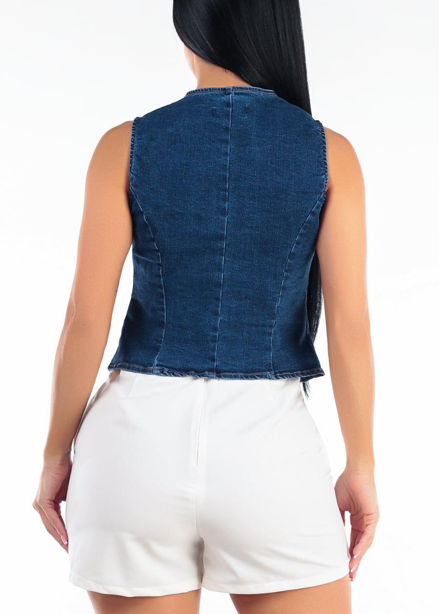 Sleeveless Button Up Stretch Denim Vest Dark Wash