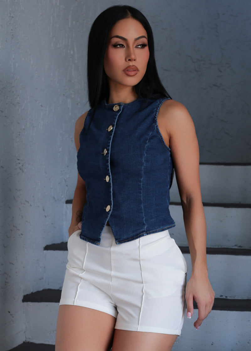 Sleeveless Button Up Stretch Denim Vest Dark Wash
