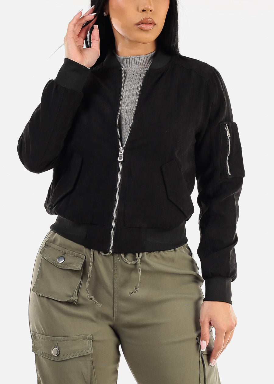 Black Long Sleeve Zip Up Bomber Jacket