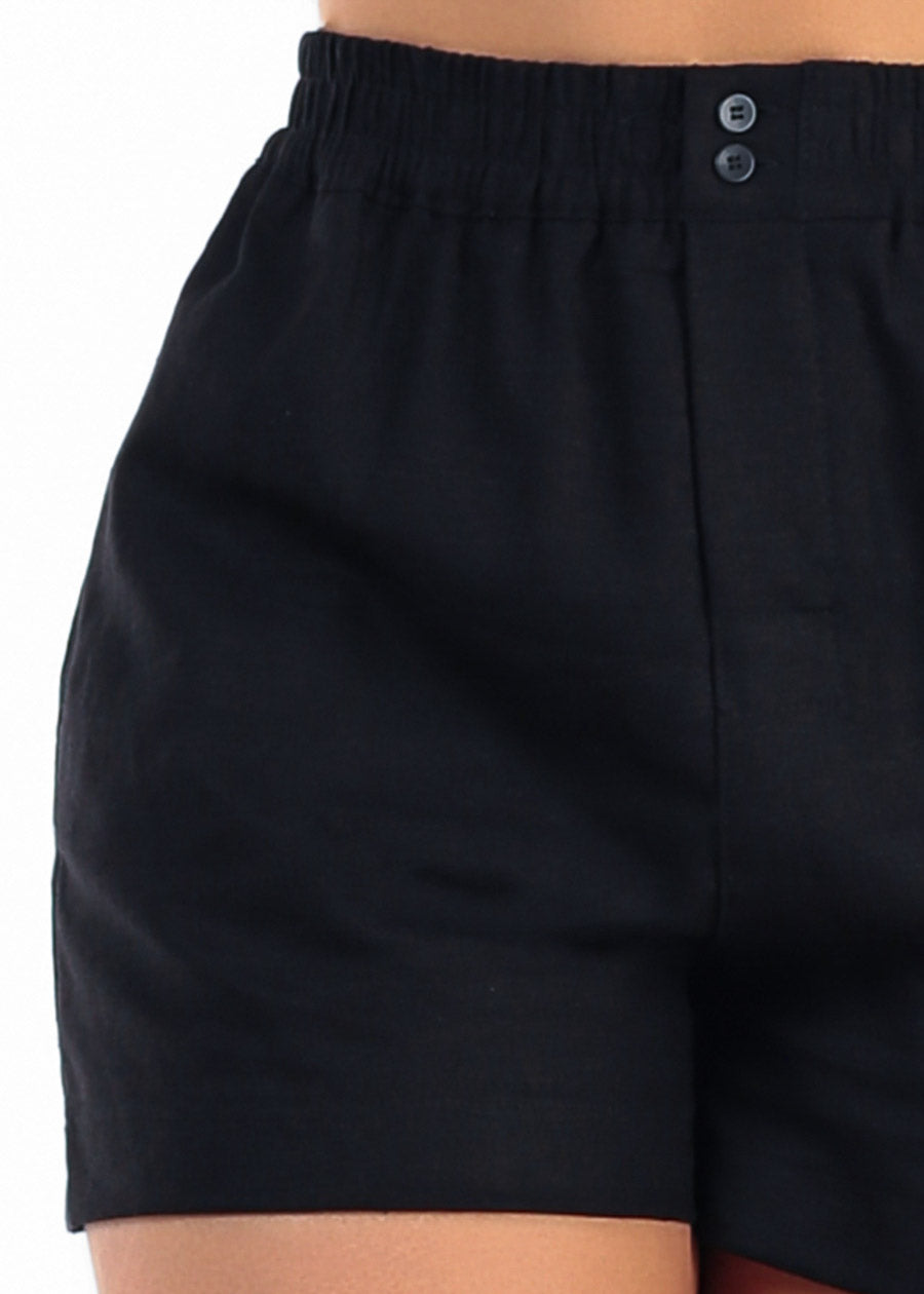 Black High Waist Linen Shorts w Smocked Waist
