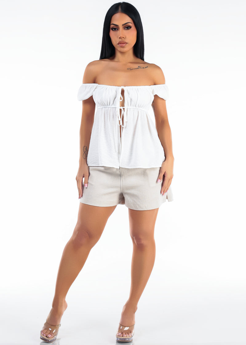 High Waist Linen Shorts w Smocked Waist Beige