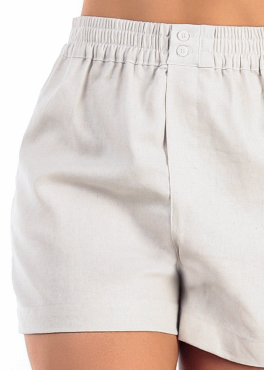 High Waist Linen Shorts w Smocked Waist Beige