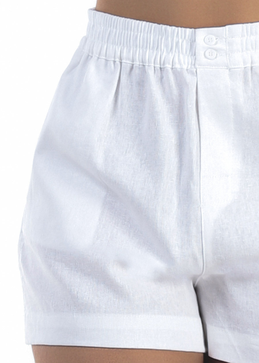 White High Waist Linen Shorts w Smocked Waist