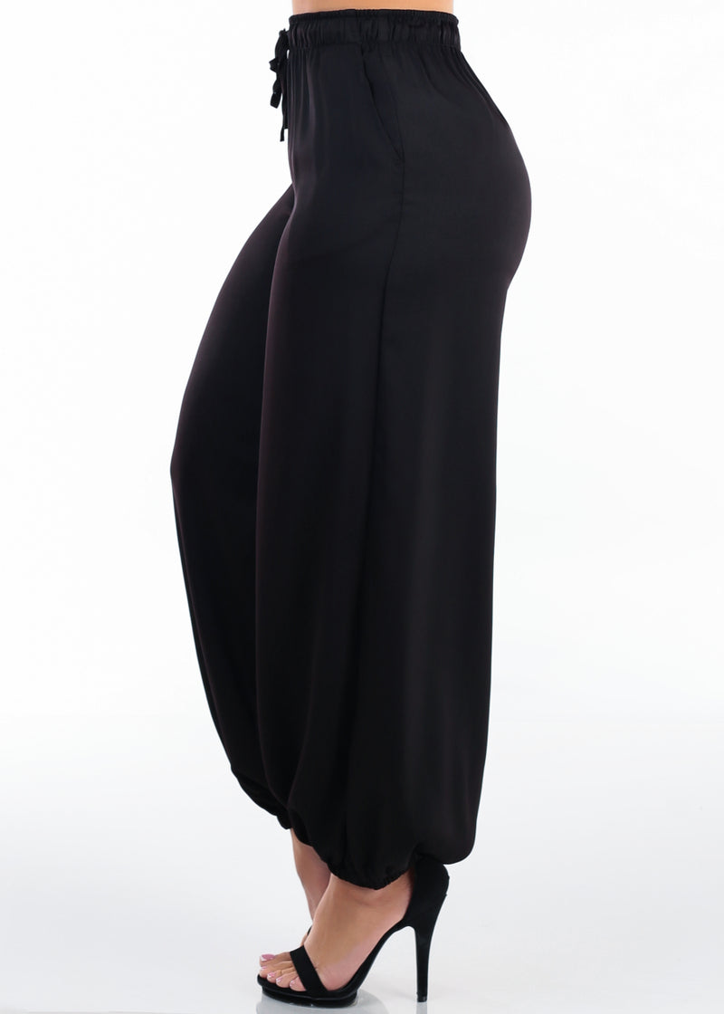 High Drawstring Waist Satin Jogger Pants Black