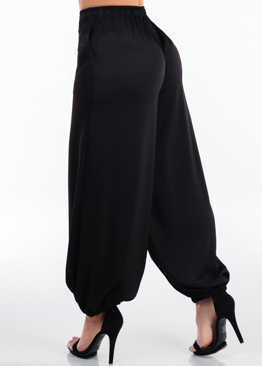 High Drawstring Waist Satin Jogger Pants Black
