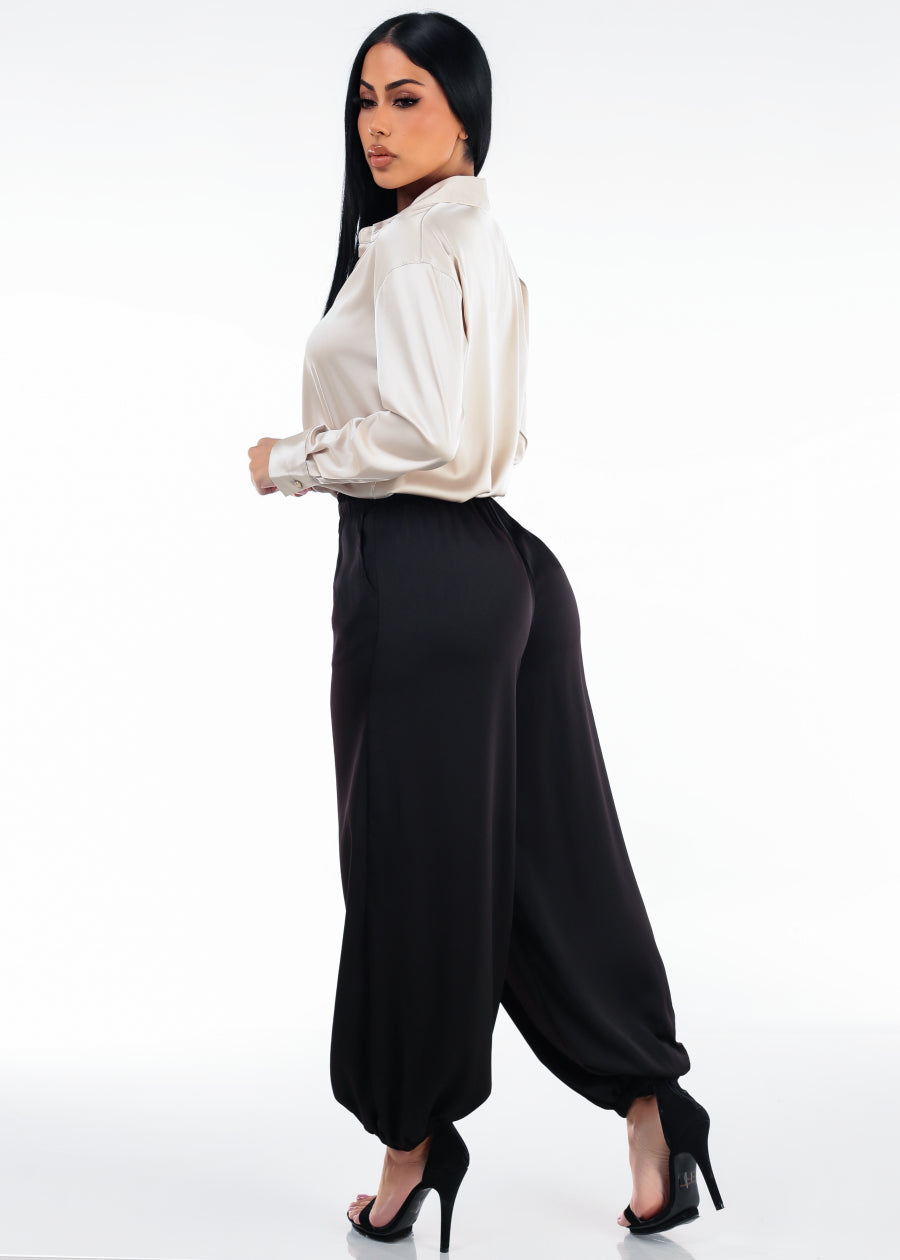High Drawstring Waist Satin Jogger Pants Black