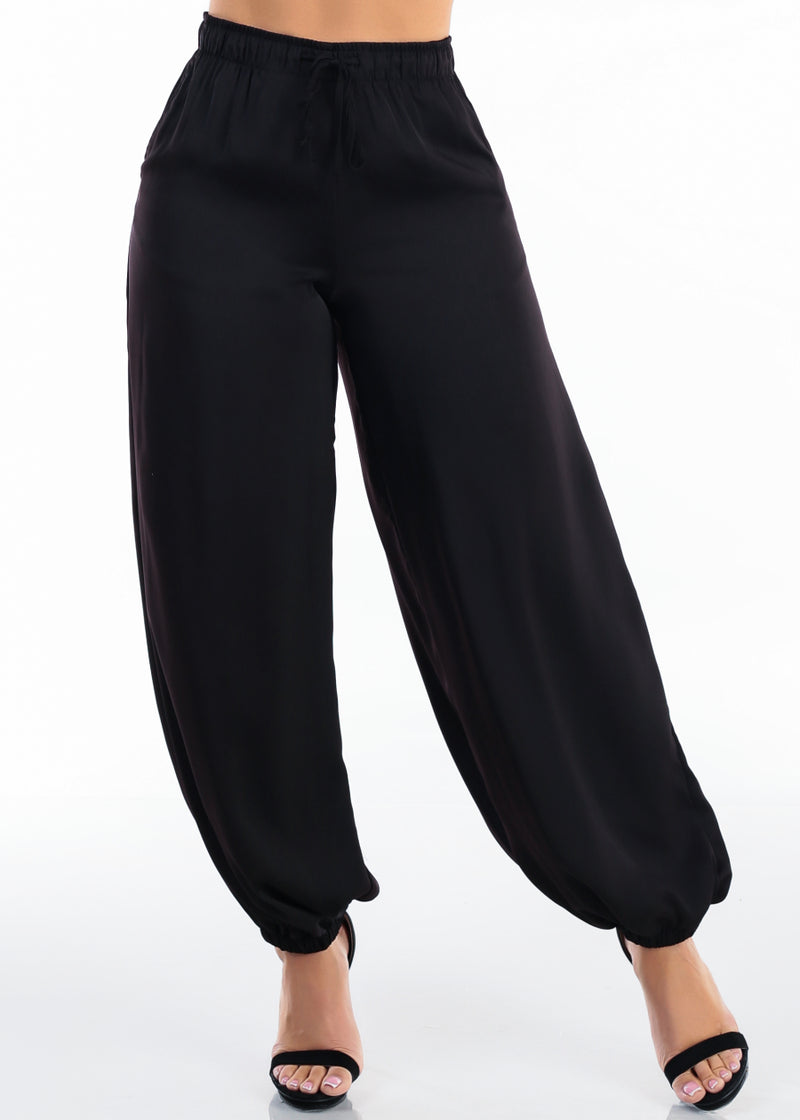 High Drawstring Waist Satin Jogger Pants Black