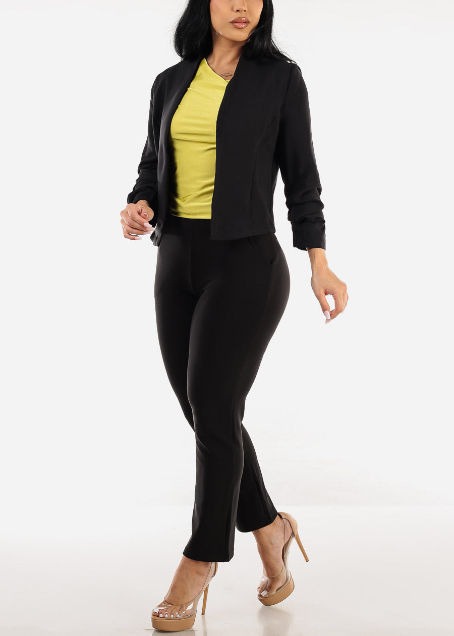 Black Quarter Sleeve Open Front Blazer