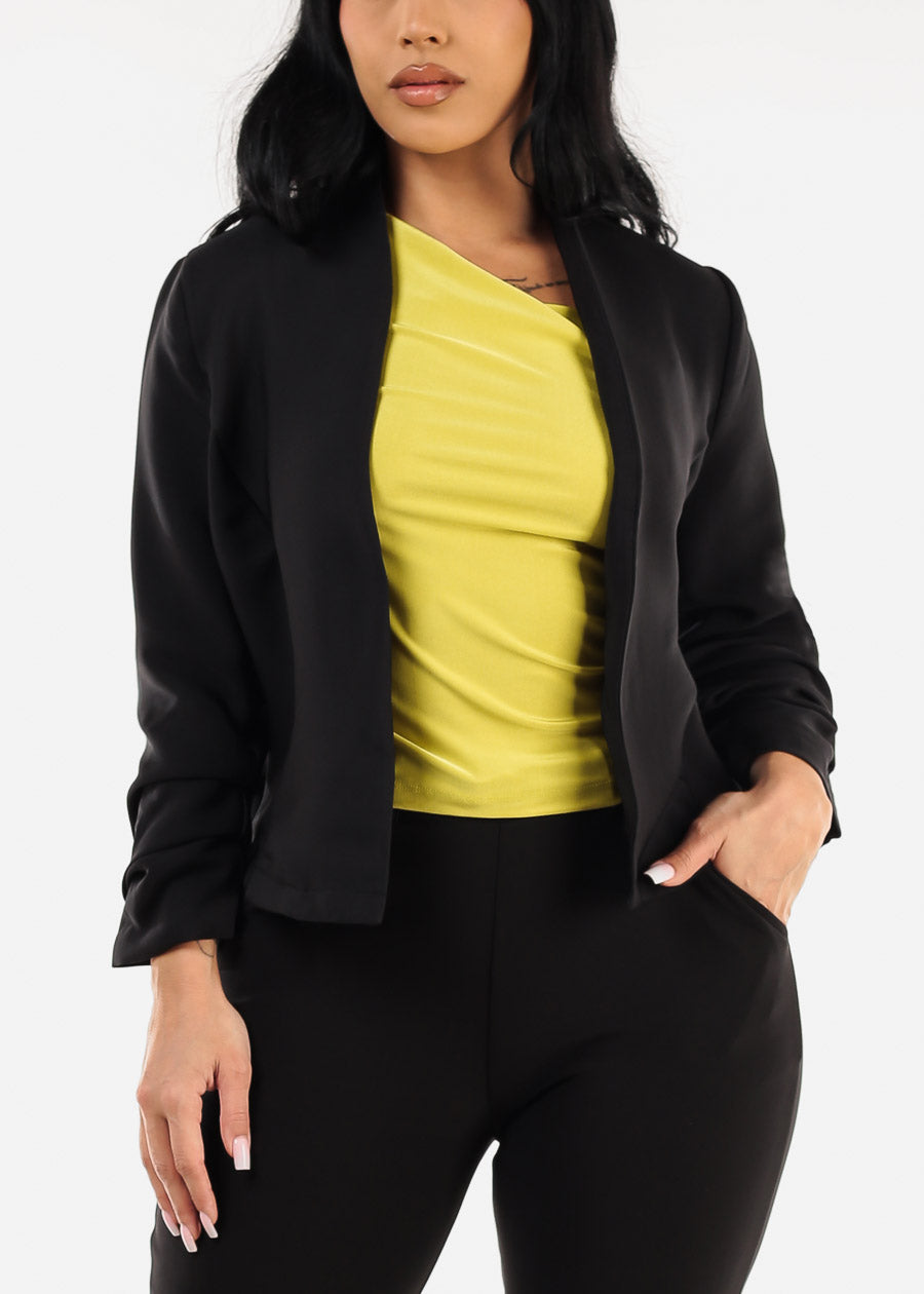 Black Quarter Sleeve Open Front Blazer