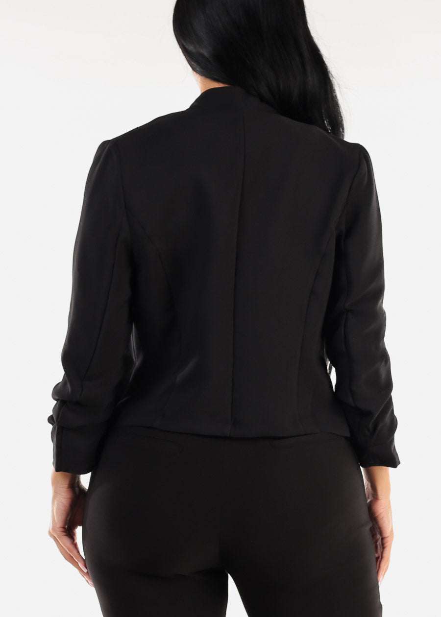 Black Quarter Sleeve Open Front Blazer