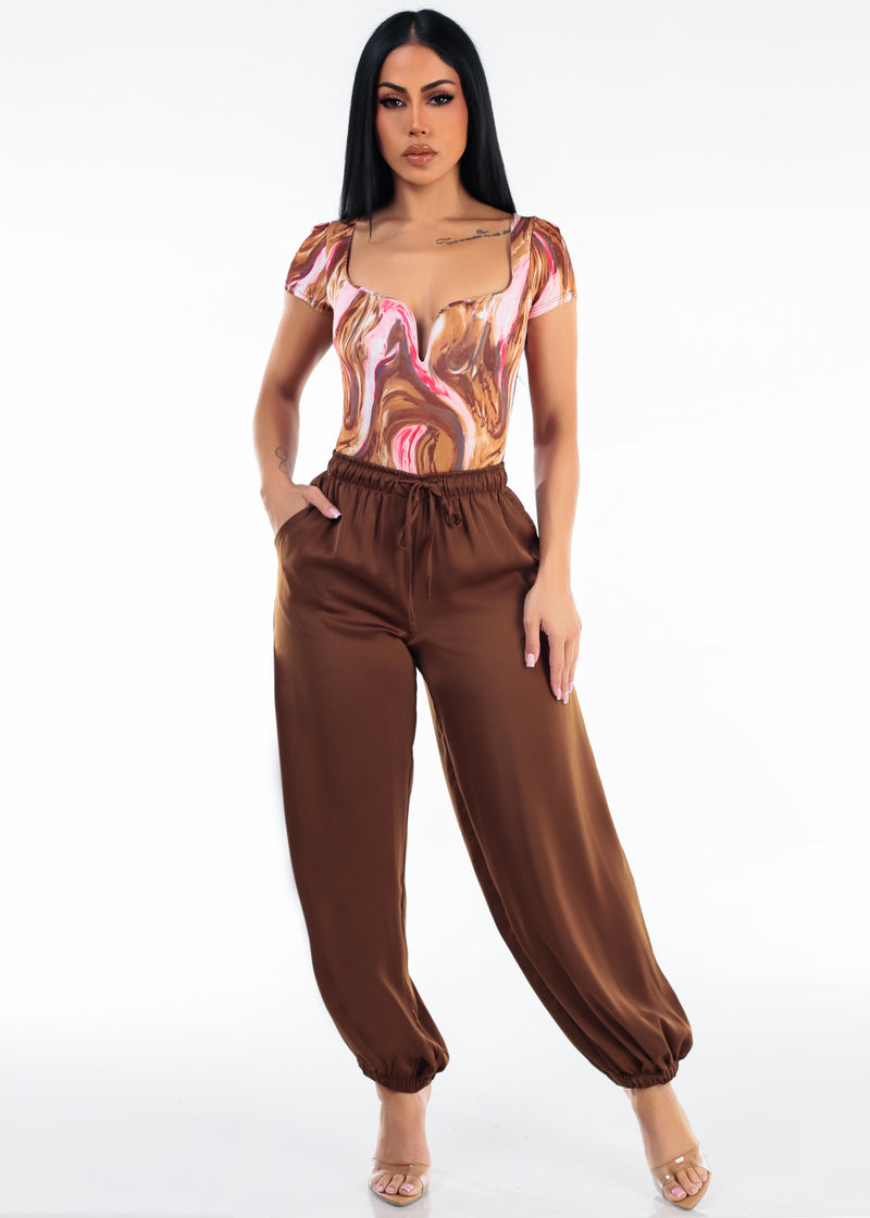 High Drawstring Waist Satin Jogger Pants Brown