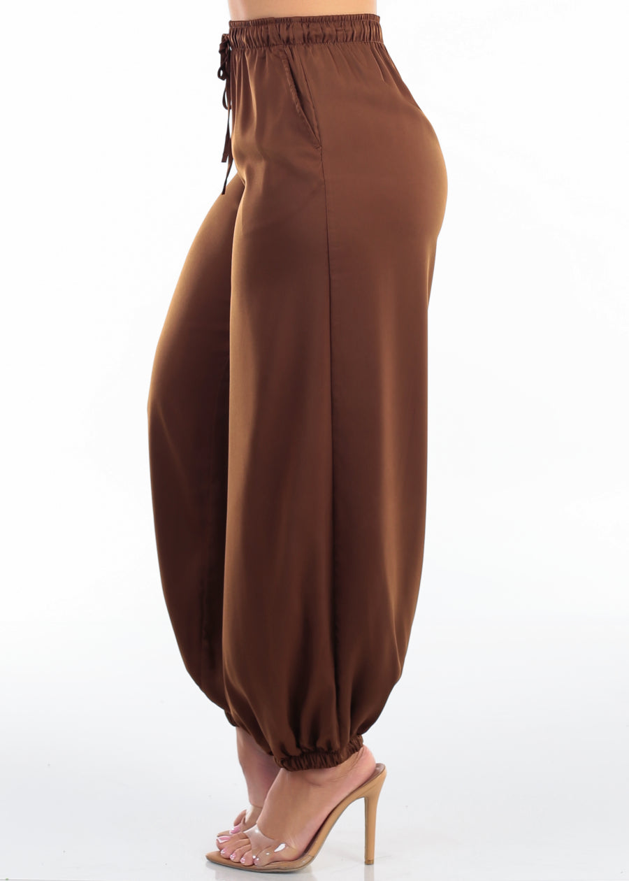 High Drawstring Waist Satin Jogger Pants Brown