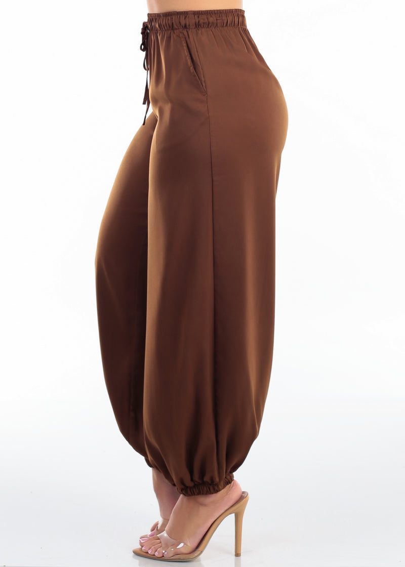 High Drawstring Waist Satin Jogger Pants Brown