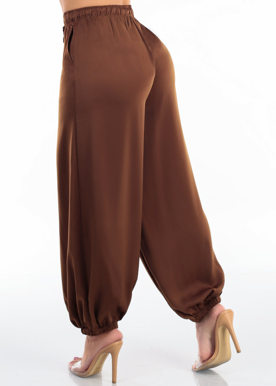 High Drawstring Waist Satin Jogger Pants Brown