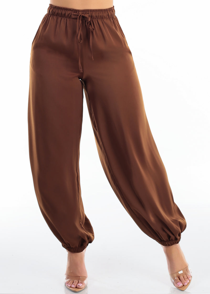 High Drawstring Waist Satin Jogger Pants Brown