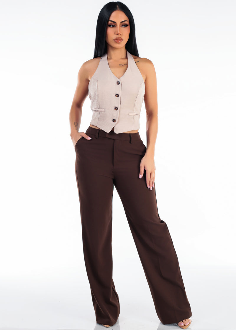 Super High Waist Stretch Wide Leg Dress Pants Brown