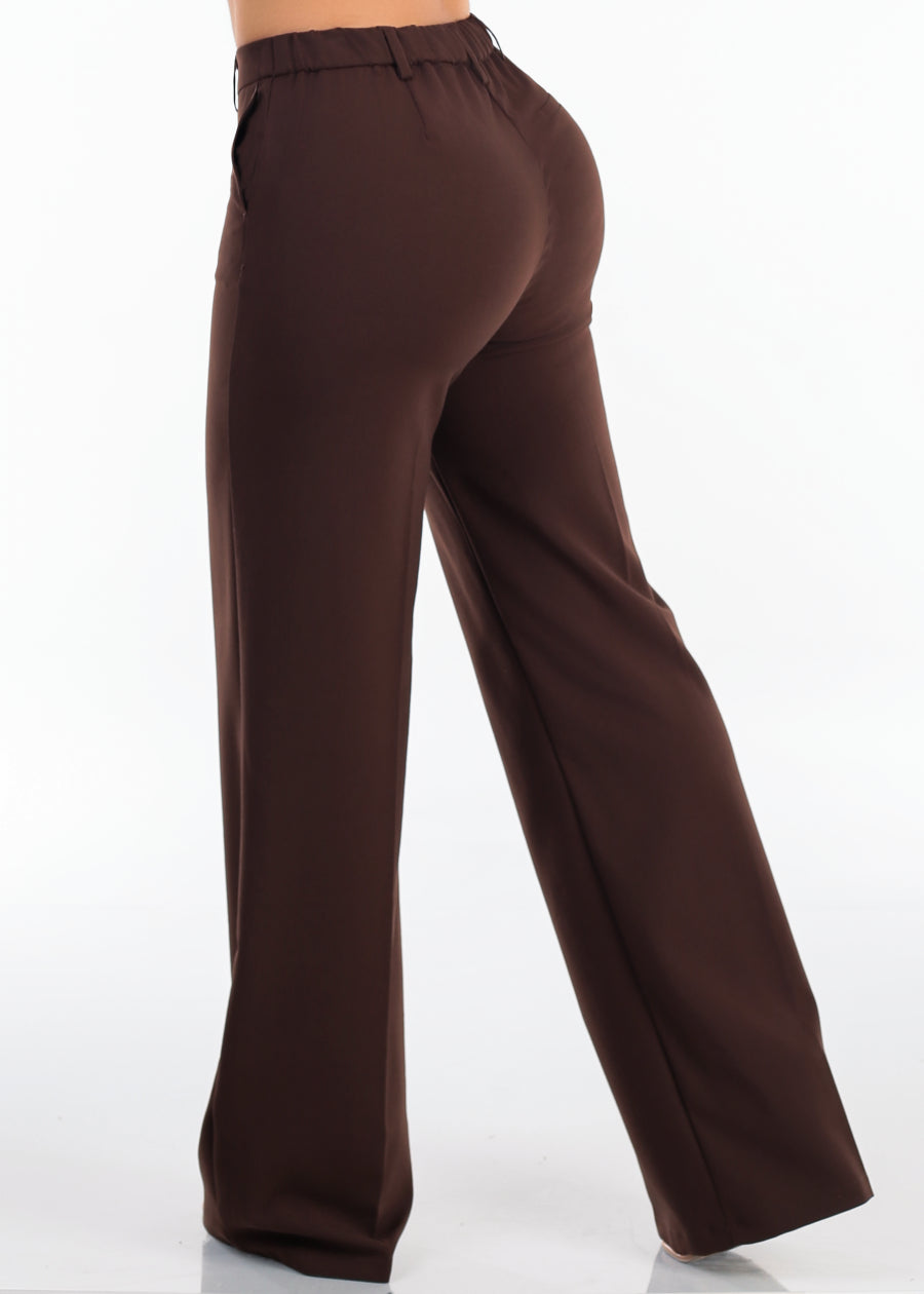 Super High Waist Stretch Wide Leg Dress Pants Brown