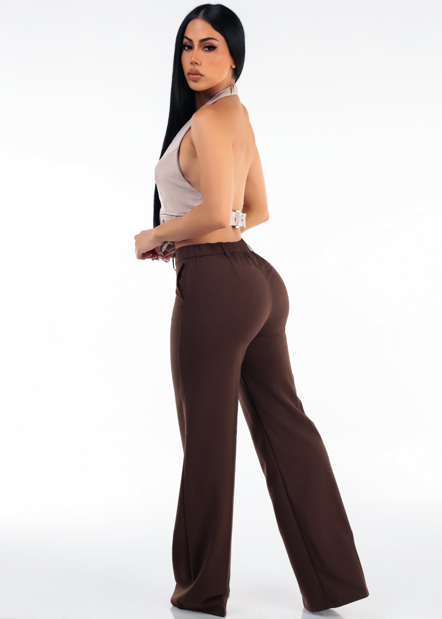 Super High Waist Stretch Wide Leg Dress Pants Brown