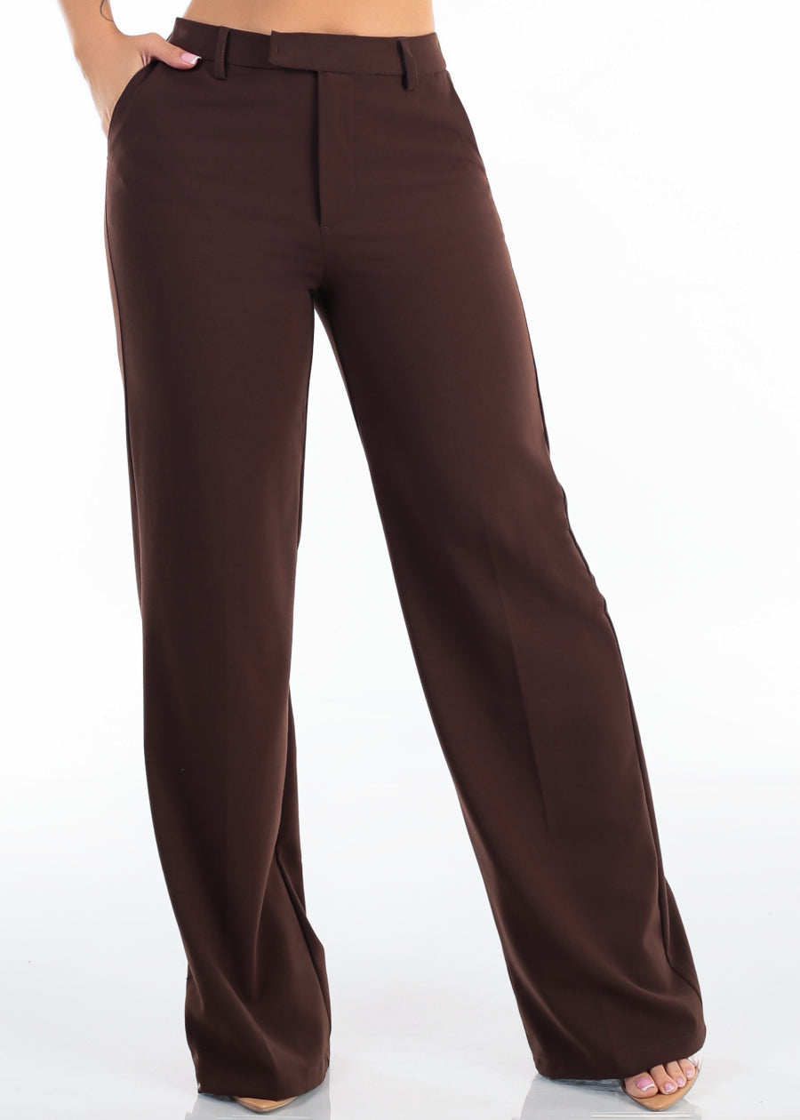 Super High Waist Stretch Wide Leg Dress Pants Brown