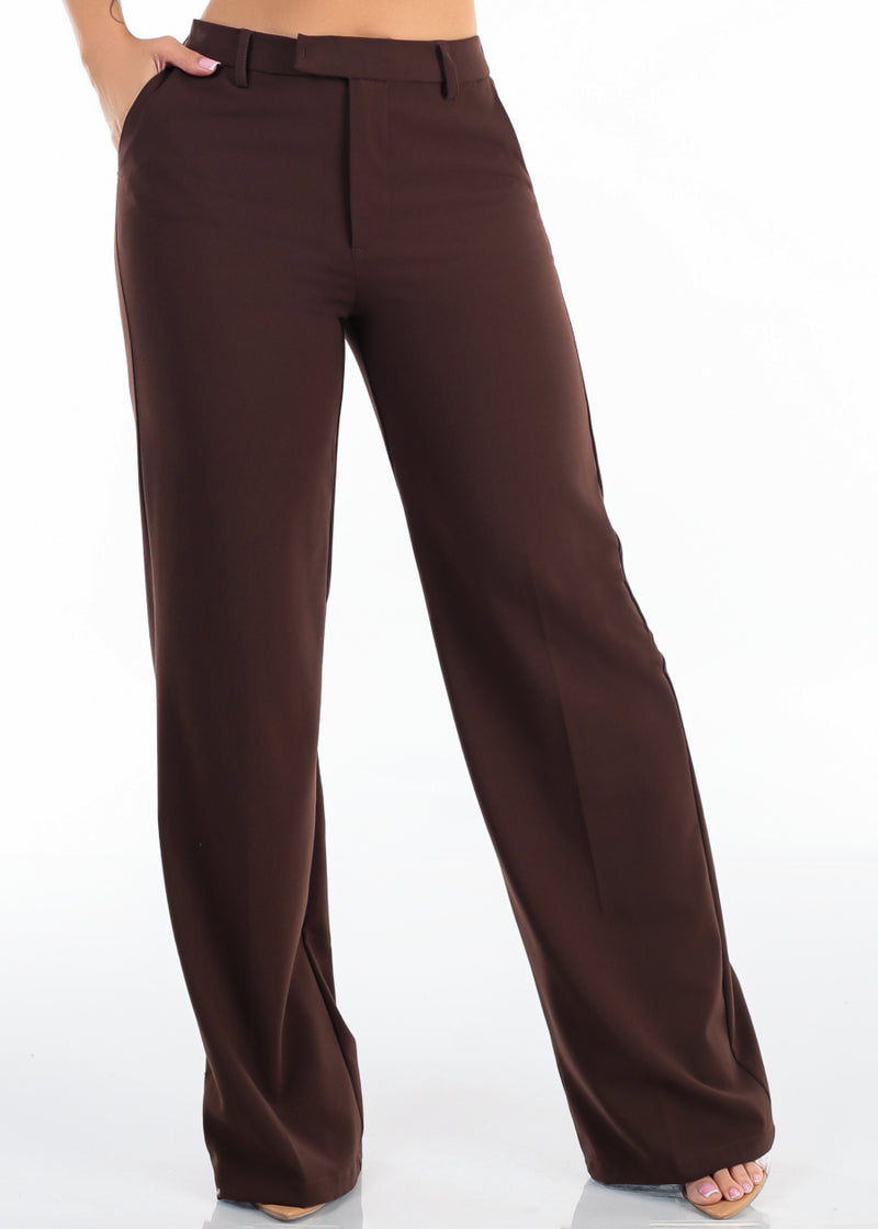 Super High Waist Stretch Wide Leg Dress Pants Brown