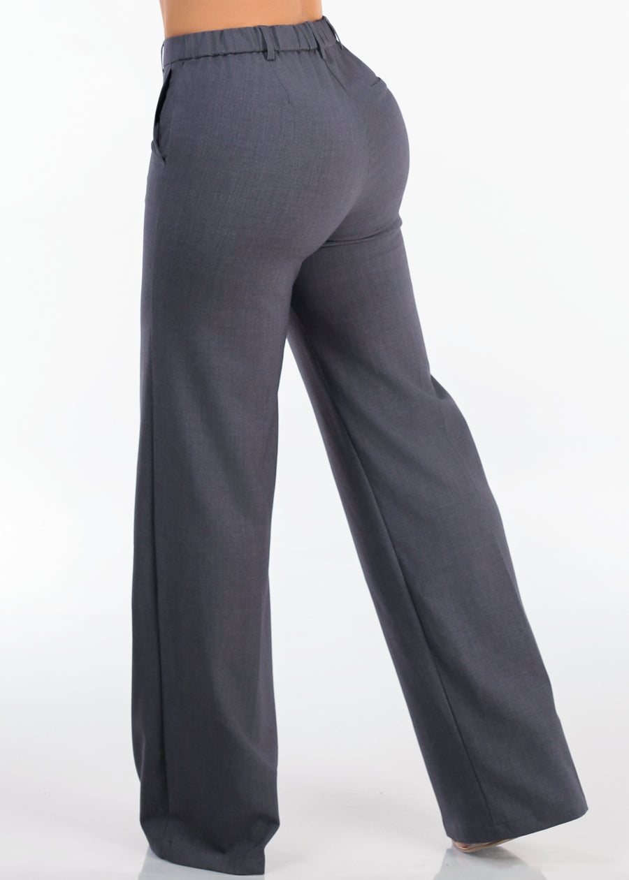 Super High Waist Stretch Wide Leg Dress Pants Dark Grey