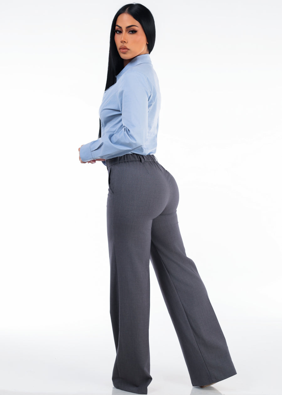 Super High Waist Stretch Wide Leg Dress Pants Dark Grey