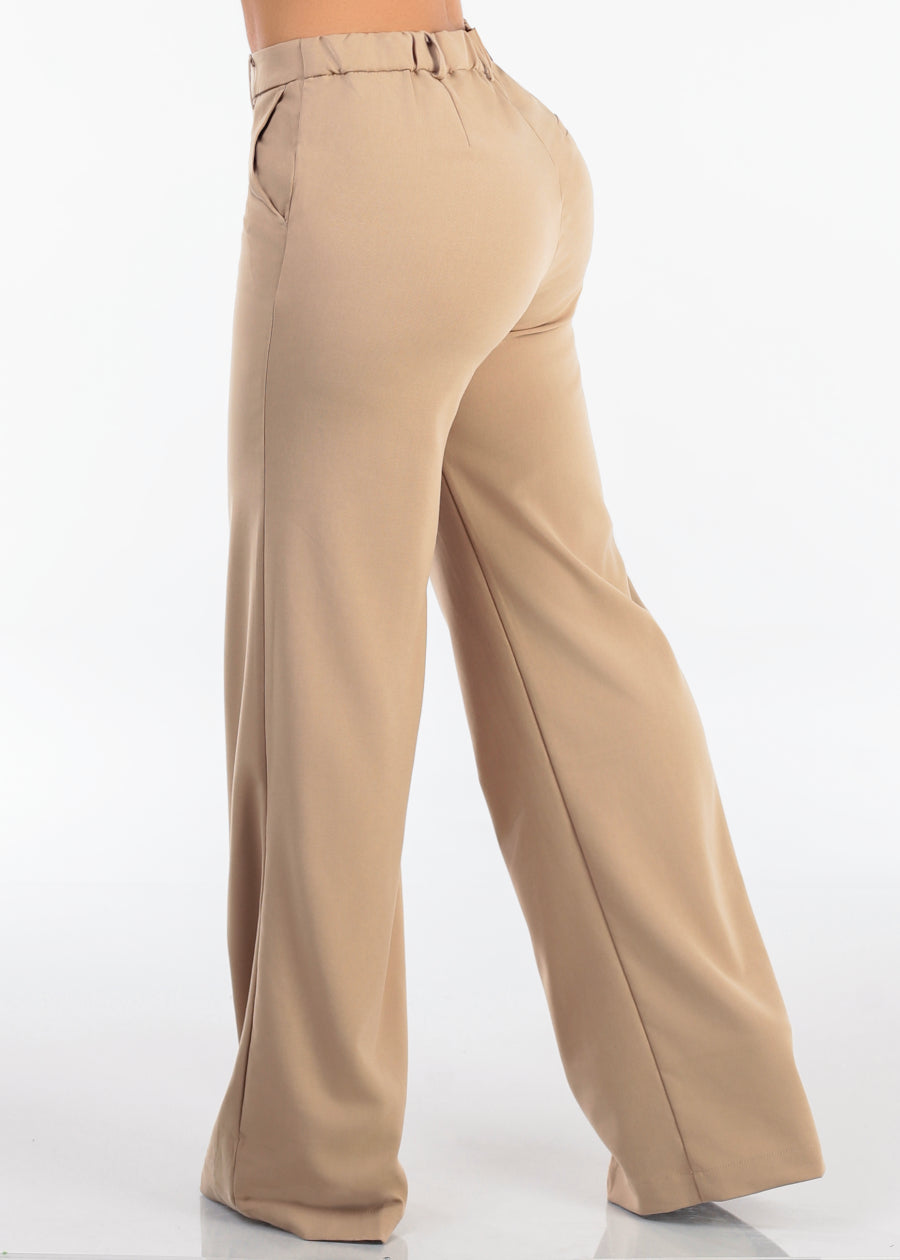 Super High Waist Stretch Wide Leg Dress Pants Khaki