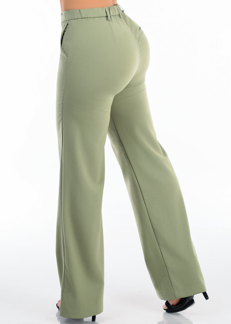 Super High Waist Stretch Wide Leg Dress Pants Light Olive