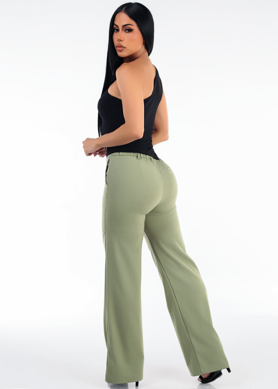 Super High Waist Stretch Wide Leg Dress Pants Light Olive