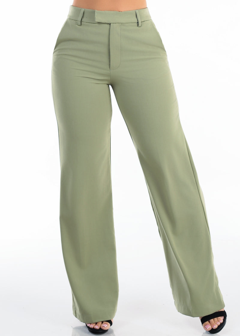 Super High Waist Stretch Wide Leg Dress Pants Light Olive