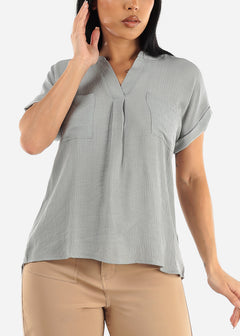 Gauze Cap Sleeve Shirt Sage w Back Buttons