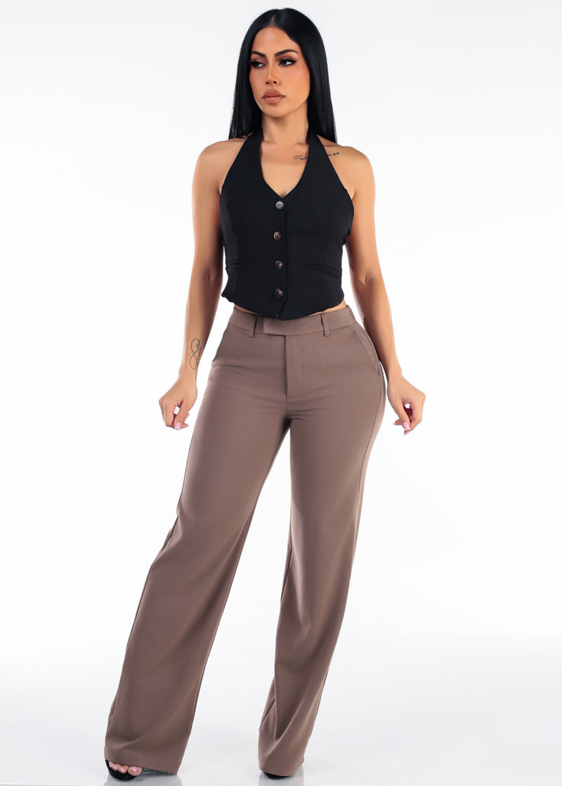 Super High Waist Stretch Wide Leg Dress Pants Mocha