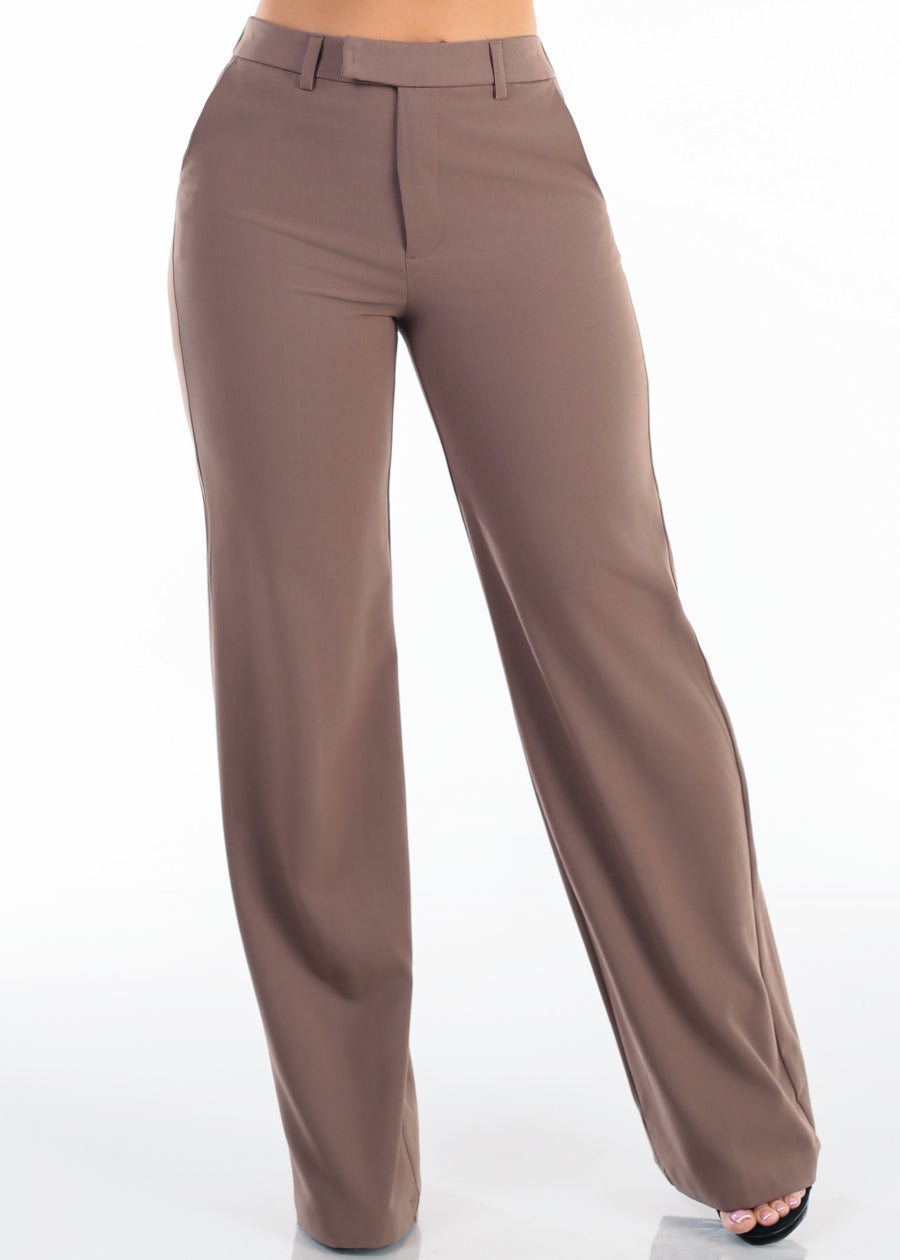 Super High Waist Stretch Wide Leg Dress Pants Mocha