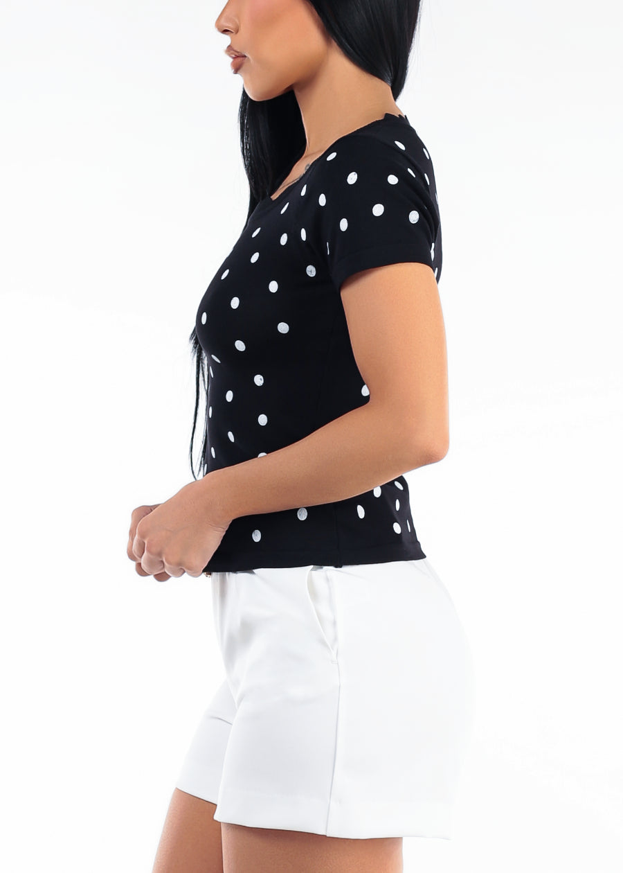 Stretch Short Sleeve Round Neck Polka Dot Blouse Black