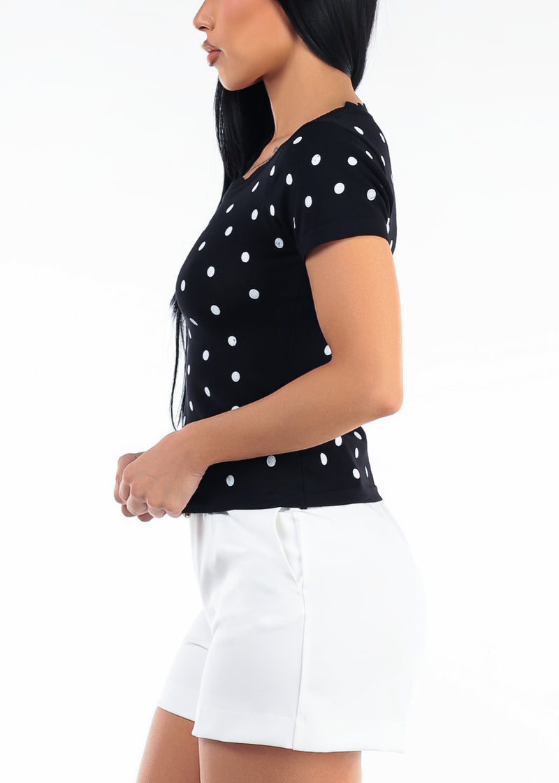 Stretch Short Sleeve Round Neck Polka Dot Blouse Black