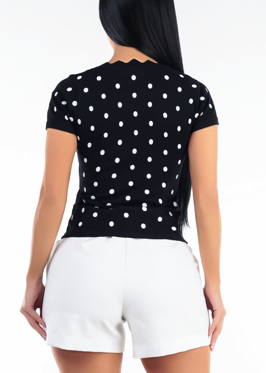 Stretch Short Sleeve Round Neck Polka Dot Blouse Black