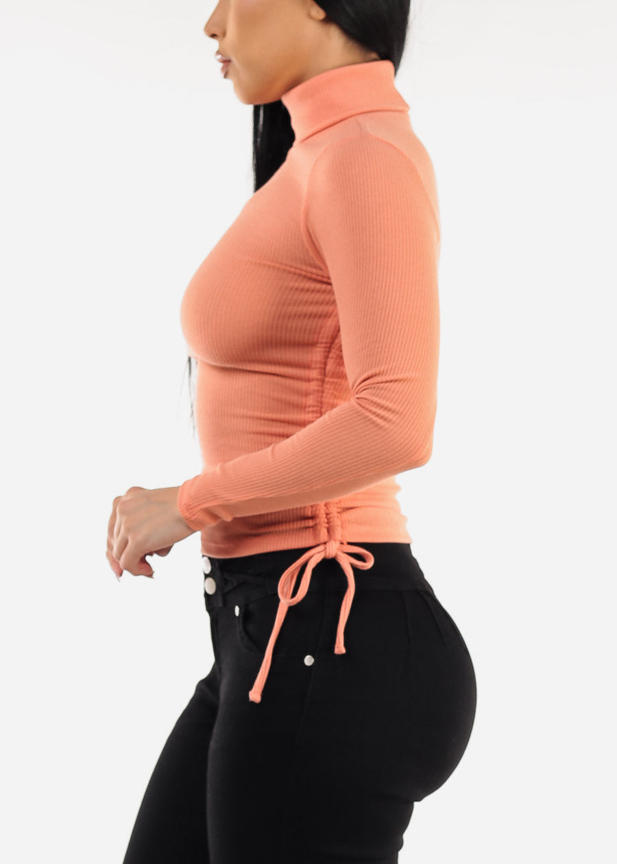 Long Sleeve Turtleneck Side Ruched Sweater Top Peach