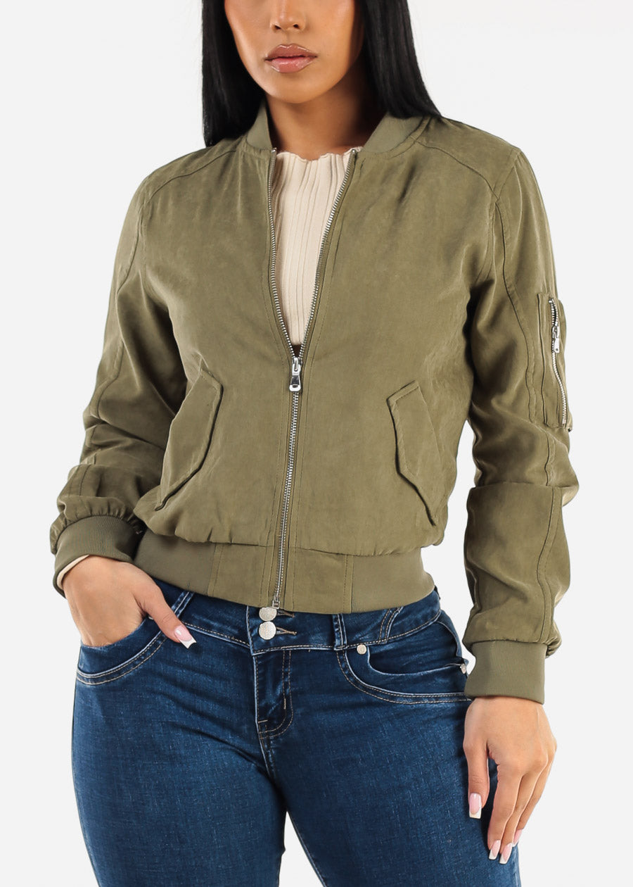 Long Sleeve Zip Up Bomber Jacket Sage