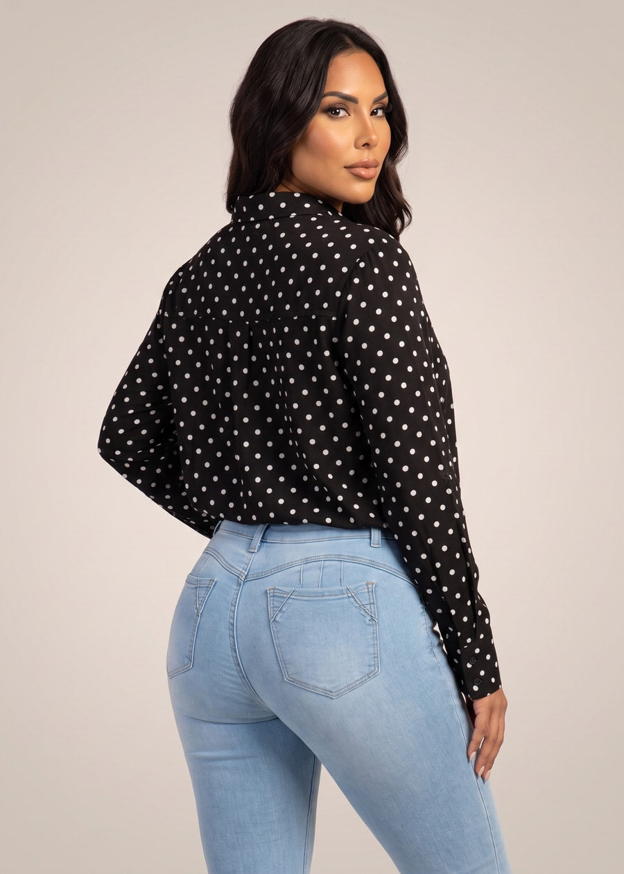 Long Sleeve Button Up Linen Style Polka Dot Collared Blouse Black, view 2 of 2
