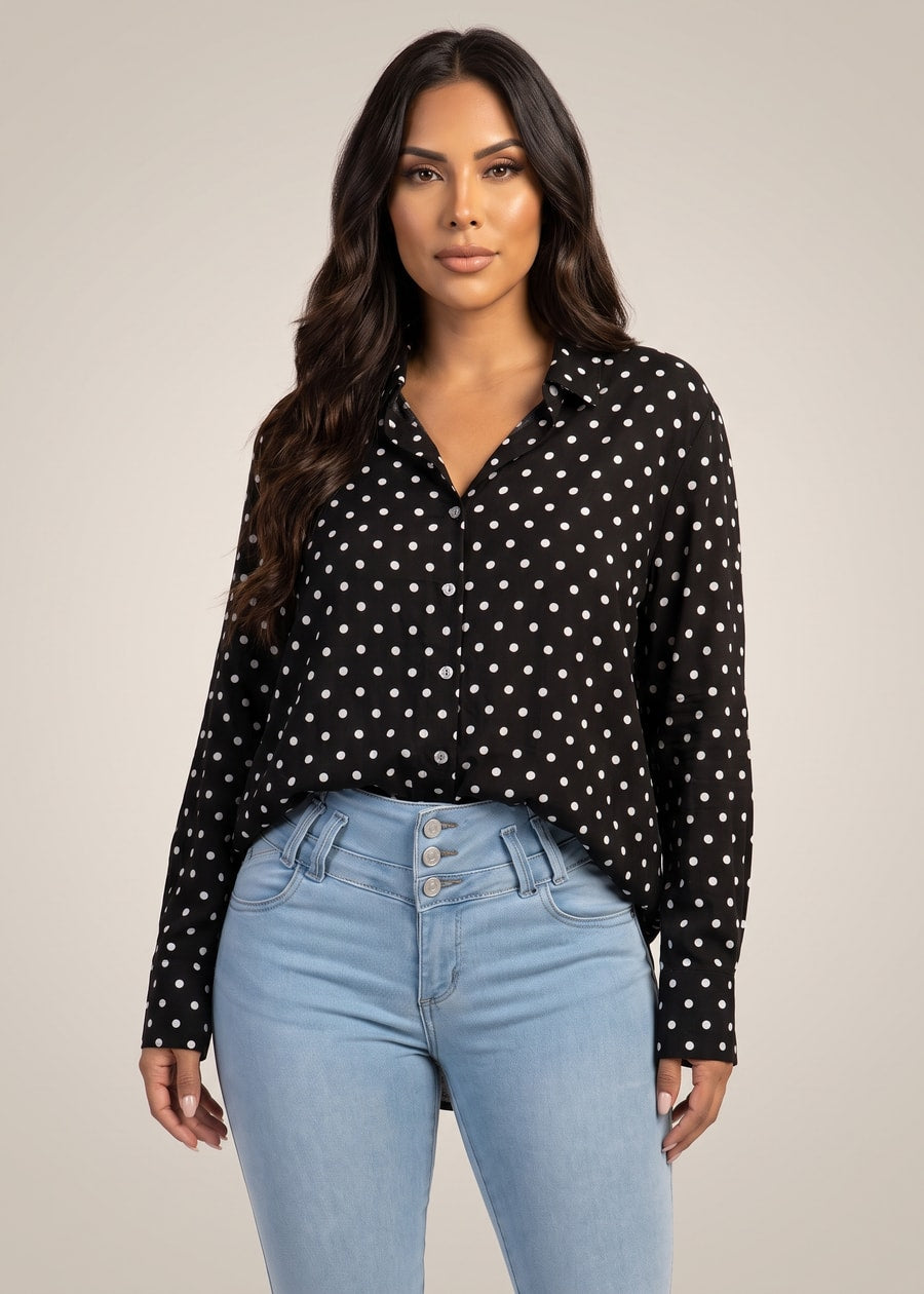 Long Sleeve Button Up Linen Style Polka Dot Collared Blouse Black