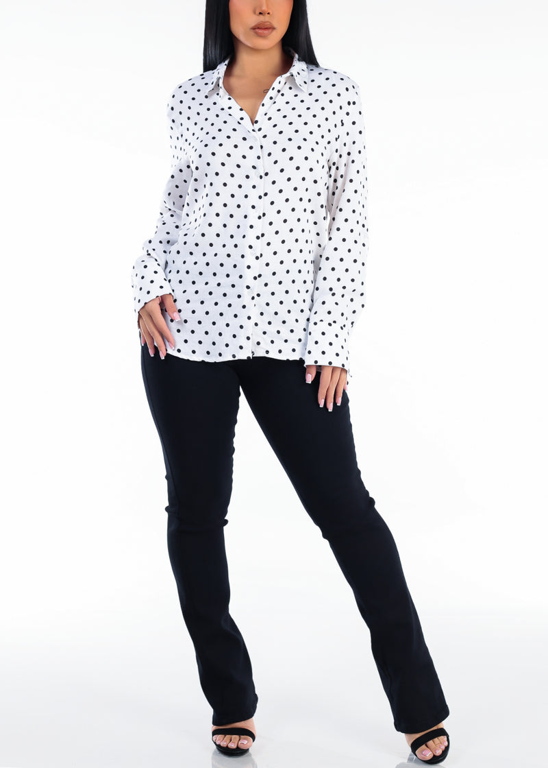 Long Sleeve Button Up Polka Dot Linen Blouse White