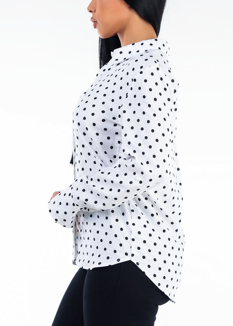 Long Sleeve Button Up Polka Dot Linen Blouse White
