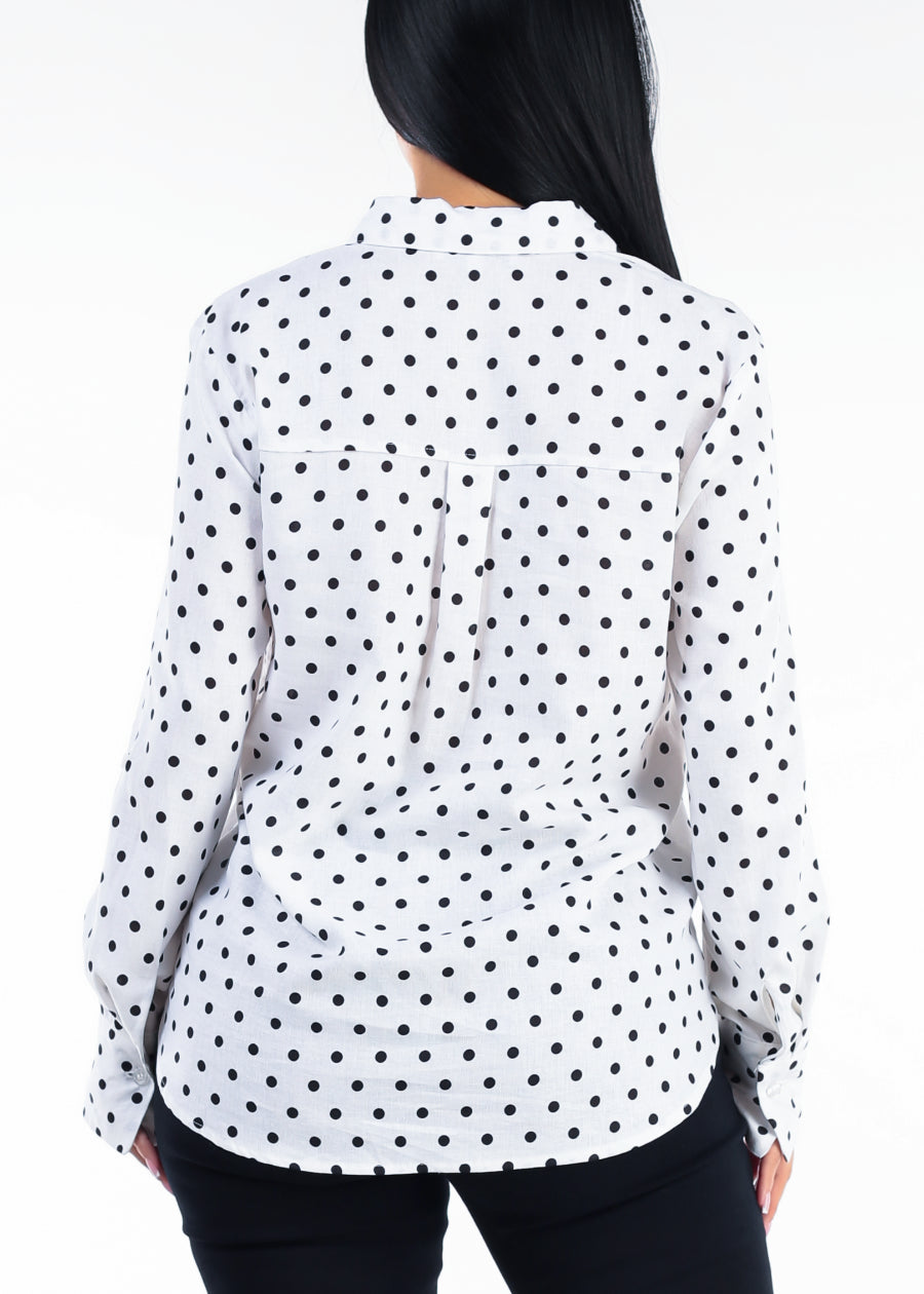 Long Sleeve Button Up Polka Dot Linen Blouse White