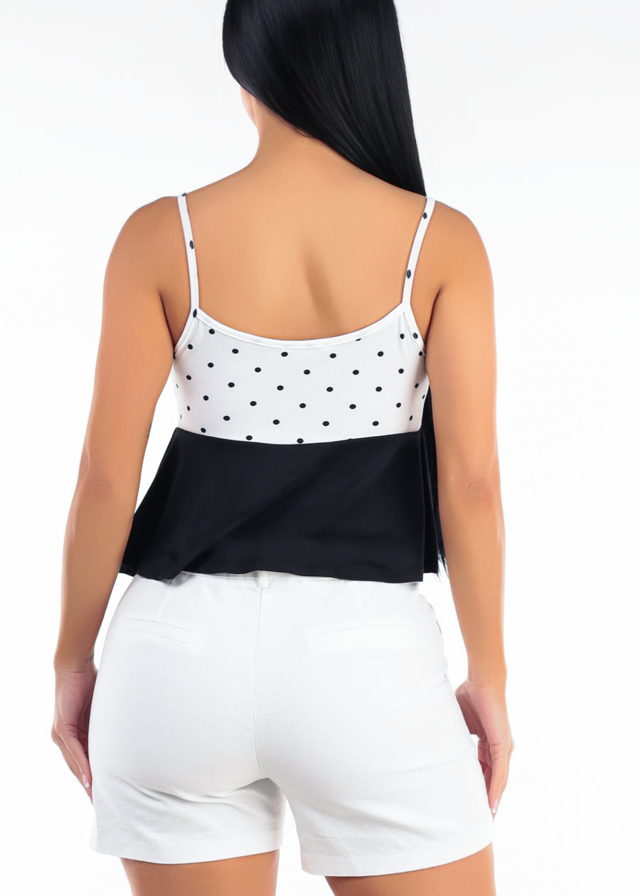 Sleeveless Polka Dot Peplum Top with Tie Front White & Black