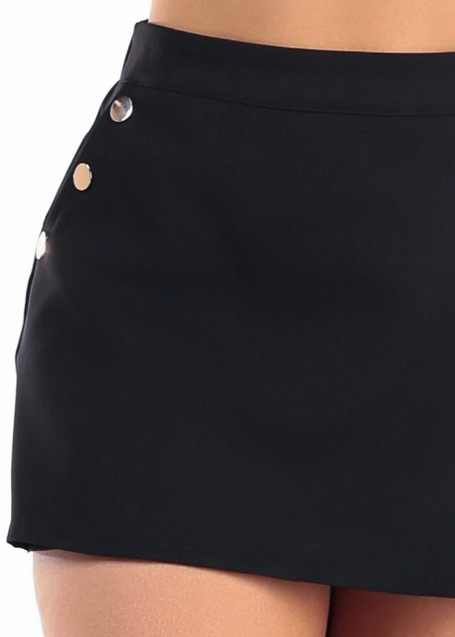 Black Super High Waist Stretch Mini Skort w Button Detail