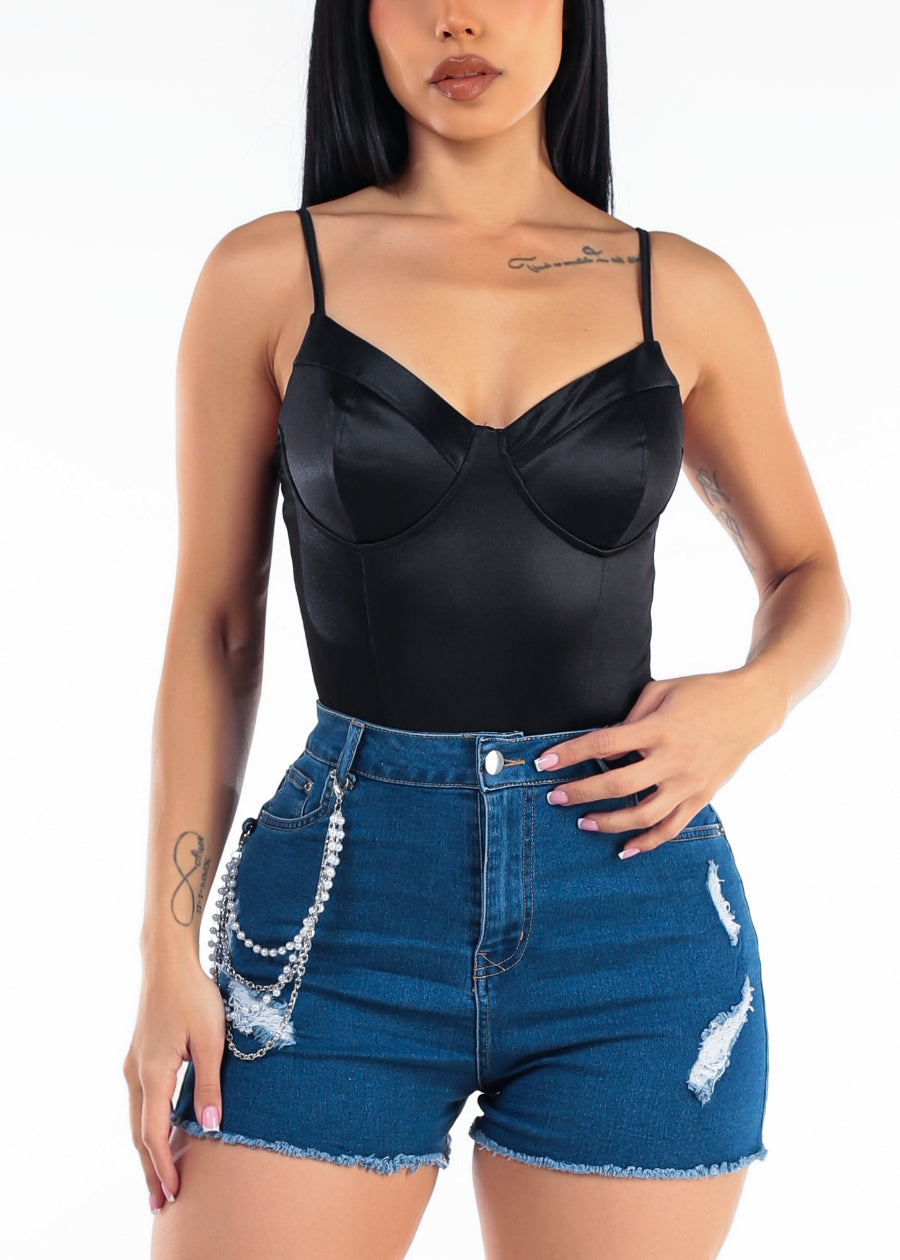Sweetheart Neck Satin Stretch Thong Bodysuit Black