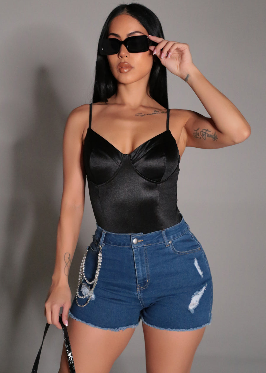 Sweetheart Neck Satin Stretch Thong Bodysuit Black